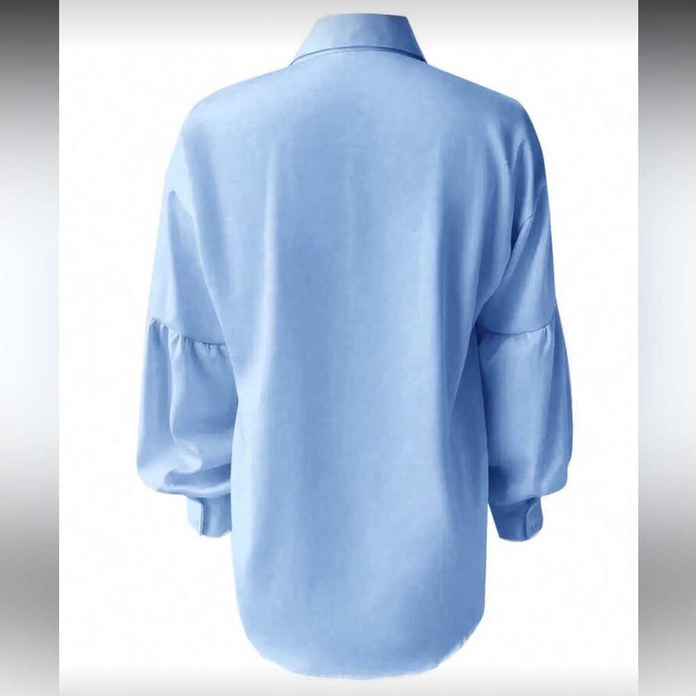 Classic Blue Balloon Sleeve Button-Down Shirt Top Blouse - Picture 3 of 6
